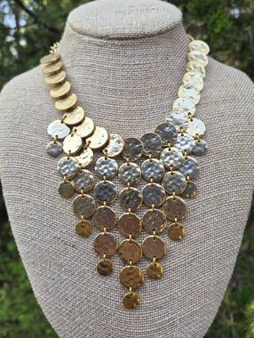 Kenneth Jay Lane Hammered Disc Waterfall Bib "Satin Gold Coin" Necklace 80s